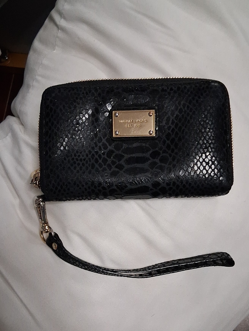 Michael Kors Black Snake-Embossed Wristlet with Gold Plate